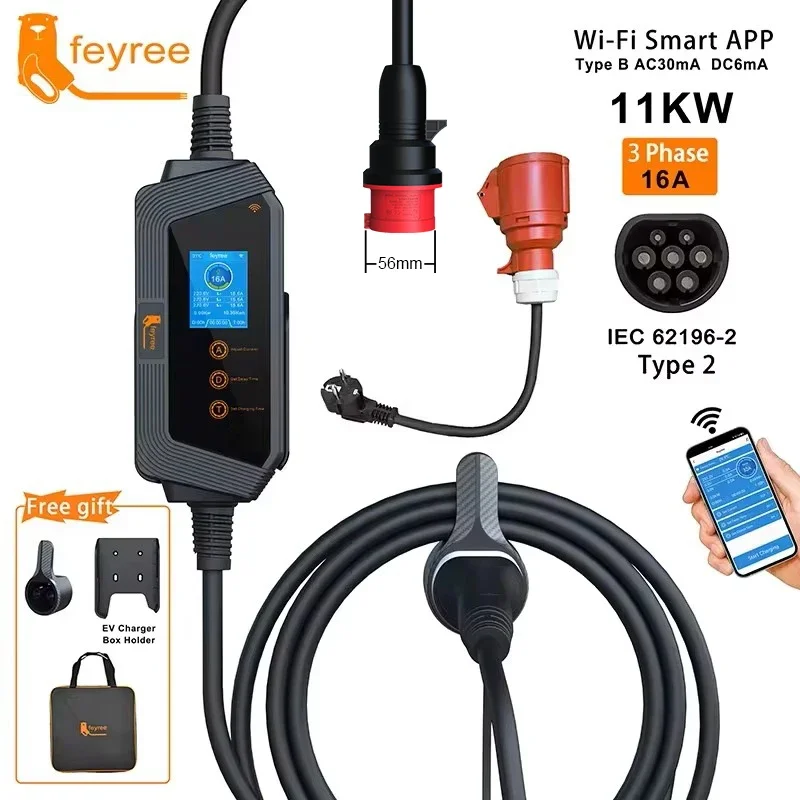 Type 2 Portable Ev Charger 11Kw Cee - feyree 11KW 16A 3Phase Type2 Portable